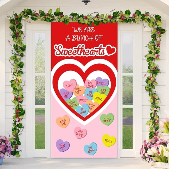 Happy Valentine''s Day Door Cover Heart Theme Hanging Backdrop Love Theme Front Door Sign Outdoor Indoor Pink Red Heart Banner Valentine''s Party Decorations Supplies for Home Anniversary 71x35inch