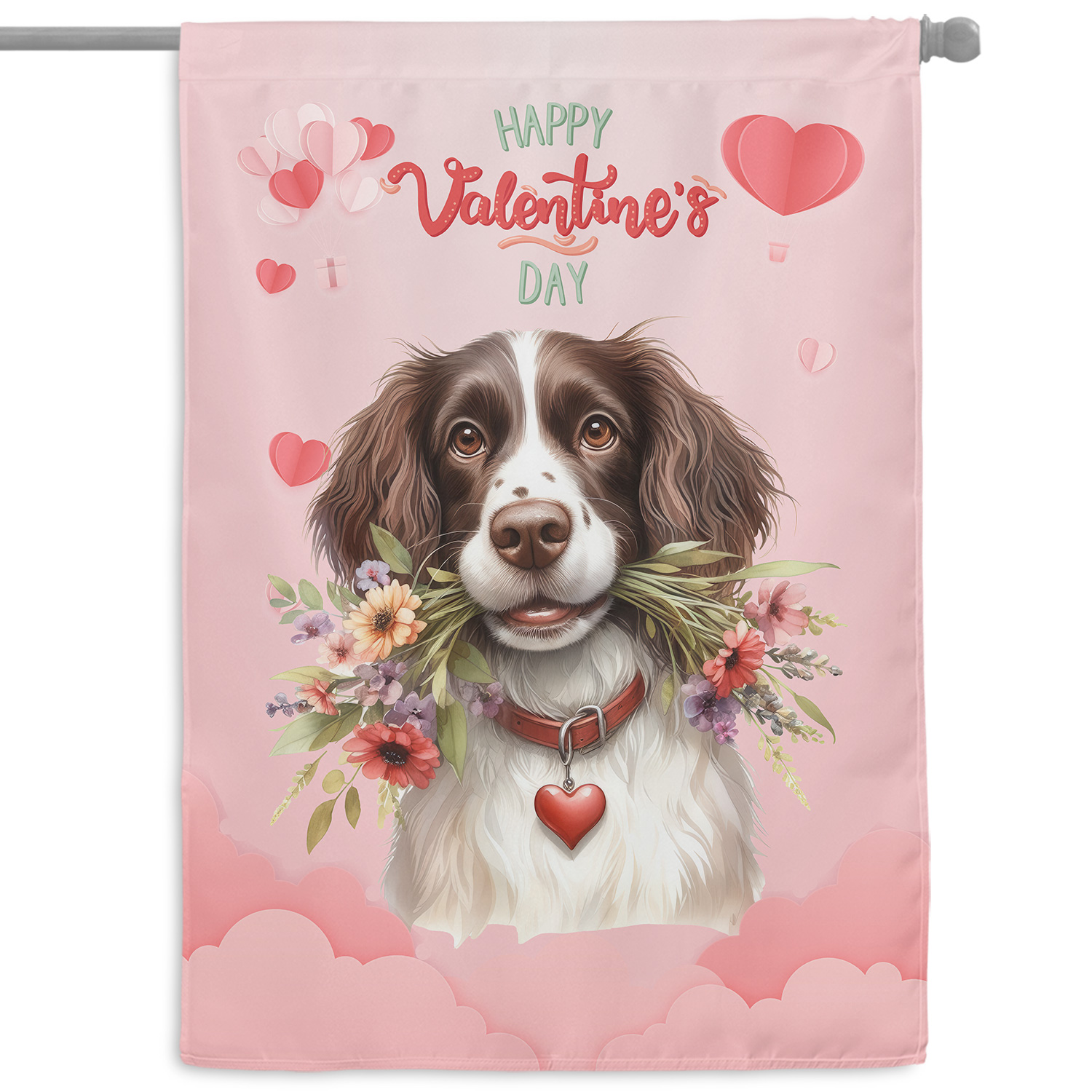 Happy Valentine's Day English Springer Spaniel holding flowers House Flag 28x40in Double Sided Springers Dog Lover Gifts Outdoor Decor - 3005