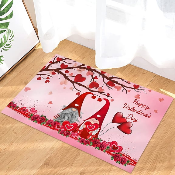 Happy Valentine''s Day Entrance Door Mat, Romantic Love Heart Gnomes Low Profile Tradition Decor Welcome Mat, Non-Slip Carpet Rugs Floor Mat Decorative for Home/Bathroom/Kitchen/Indoor - 18"x30"