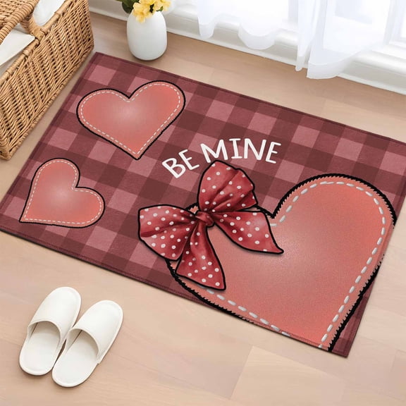 Happy Valentine's Day Entryway Rug 2'x3' Non Slip Front Door Mats, Brown Love Hearts Buffalo Plaid Entrance Rugs Indoor Outdoor Carpet, Washable Floor Mats Small Area Rug for Bedroom Kitchen