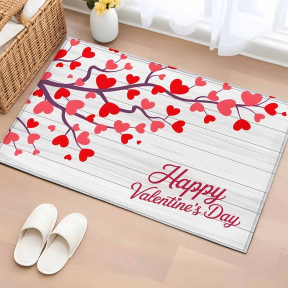 Happy Valentine's Day Entryway Rug 2'x3'&nbsp; Non Slip Front Door Mats, Romantic Red Love Heart Branches Entrance Rugs Indoor Outdoor Carpet, Washable Floor Mats Small Area Rug for Bedroom Kitchen