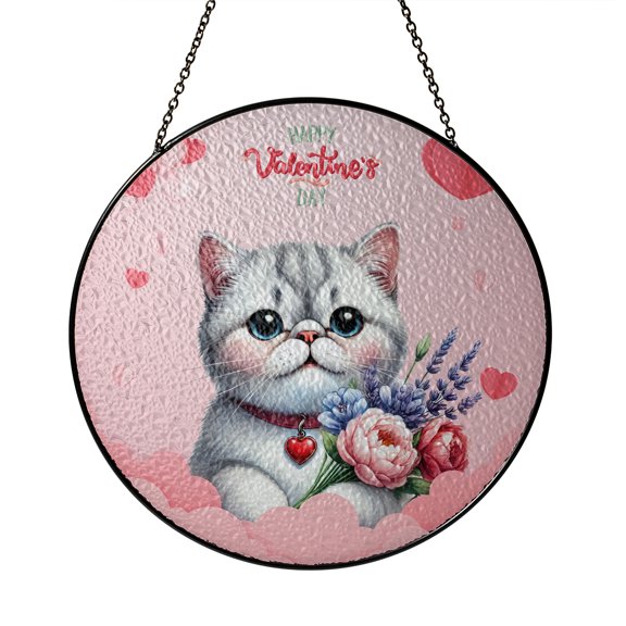 Happy Valentine's Day Exotic Shorthair holding flowers Stained Glass Suncatcher Cat Lover Kitten Owner Gifts Window Hanging Sign Decor - 3005