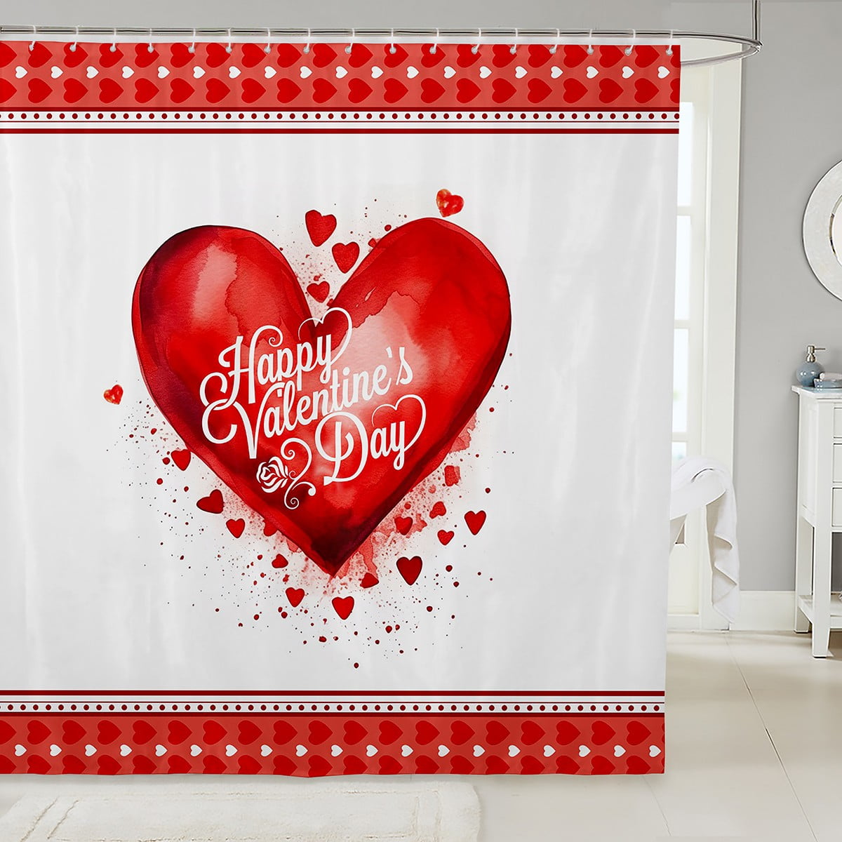 Happy Valentine's Day Fabric Shower Curtain Red Hearts Romantic Theme