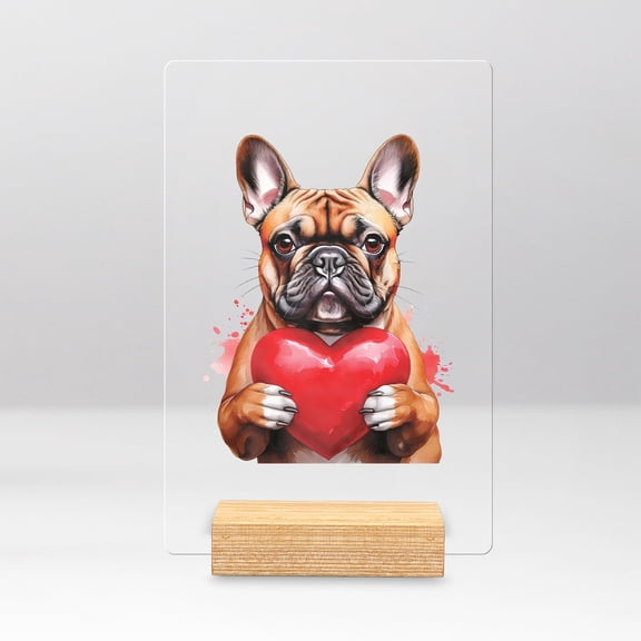 Happy Valentine's Day French Bulldog Brings Love Heart Acrylic Plaque Sign Ashwood Base Dog Lover Gifts Home Desk Decor - 02028