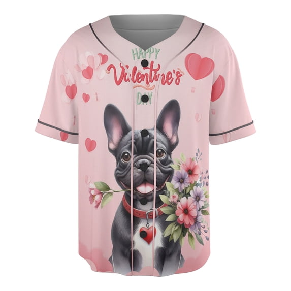 Happy Valentine's Day French Bulldog holding flowers All Over Print 3D Baseball Shirt Dog Lover Gifts Softball Sport - 3005