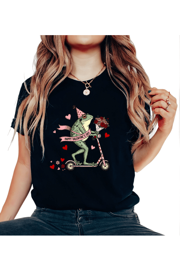 Happy Valentine's Day Frog Scooter Graphic Versatile All-Occasion Tees T Shirt Romantic Pink Heart Floral Black S-5XL