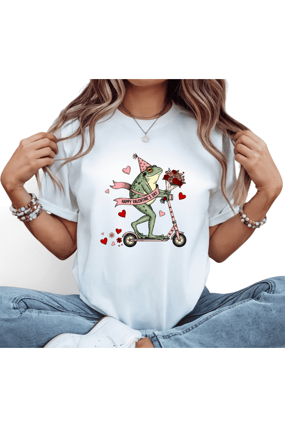 Happy Valentine's Day Frog Scooter Graphic Versatile All-Occasion Tees T Shirt Romantic Pink Heart Floral White S-5XL