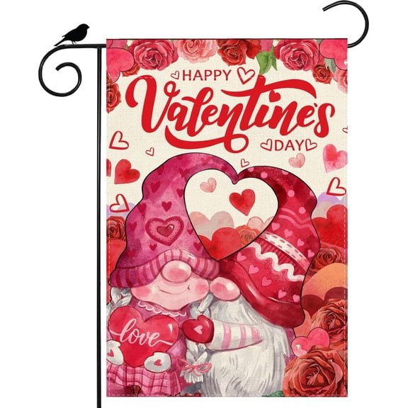Happy Valentine’s Day Garden Flag Gnomes Romantic Roses Love Heart Yard Flag 12x18 Inch Double Sided Small Mini Yard Outdoor Outside Holiday Decoration