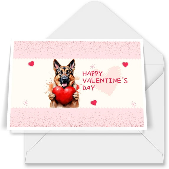 Happy Valentine's Day German Shepherd Brings Love Heart 7x5in Folded Greeting Card Alsatian Dog Lover Gifts Single Note Card with Envelope - 02028