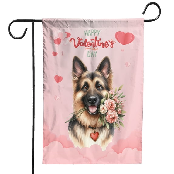 Happy Valentine's Day German Shepherd holding flowers Garden Flag 12x18in Double Sided Alsatian Dog Lover Gifts Outdoor Decor - 3005