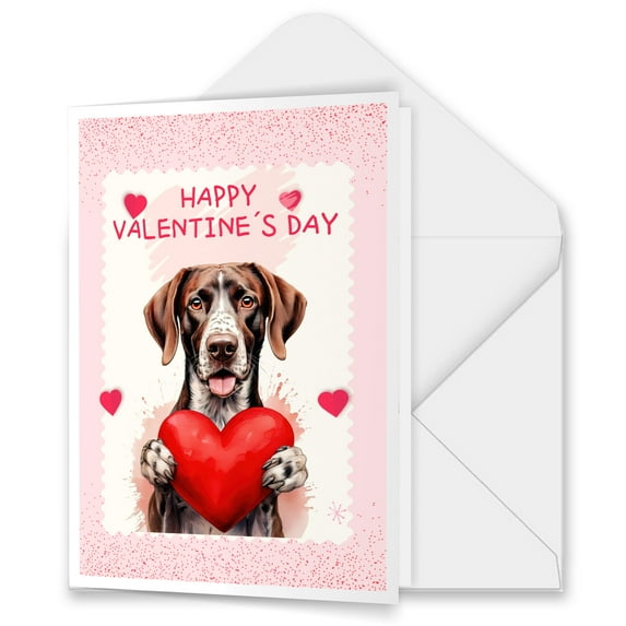 Happy Valentine's Day German Shorthaired Pointer Brings Love Heart 5x7in Folded Greeting Card GSP Lover Dog Gift Single Note Card with Envelope - 02028
