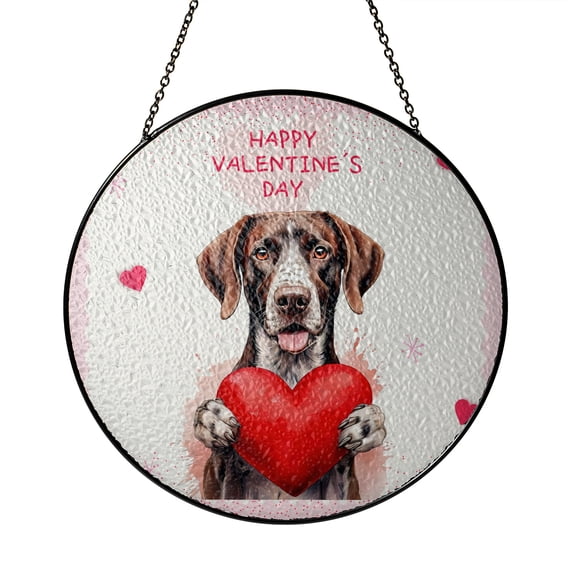 Happy Valentine's Day German Shorthaired Pointer Brings Love Heart Stained Glass Suncatcher GSP Lover Dog Gift Window Hanging Sign Decor - 02028