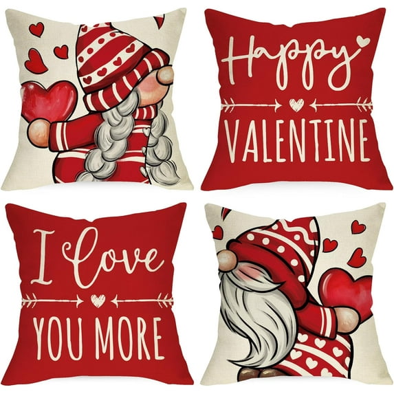 Happy Valentine''s Day Gnome Red Decorative Throw Pillow Covers 18 x 18 Set of 4, I Love You More Heart Arrow Cushion Case Decor, Anniversary Wedding Holiday Home Decoration for Sofa Couch