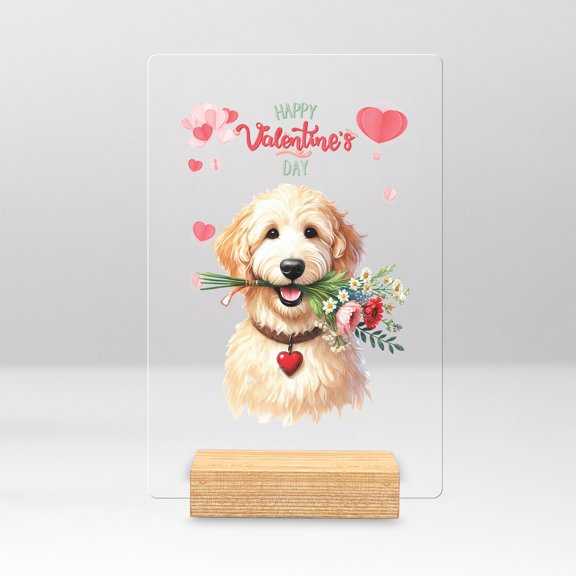 Happy Valentine's Day Goldendoodle holding flowers Acrylic Plaque Sign Ashwood Base Doodle Dog Lover Gifts Idea Home Desk Decor - 03005