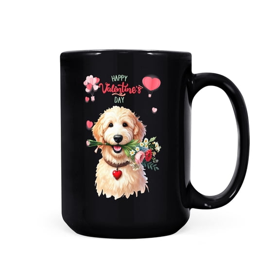 Happy Valentine's Day Goldendoodle holding flowers Mug Doodle Dog Lover Gifts Idea Coffee Tea Cup - 3005