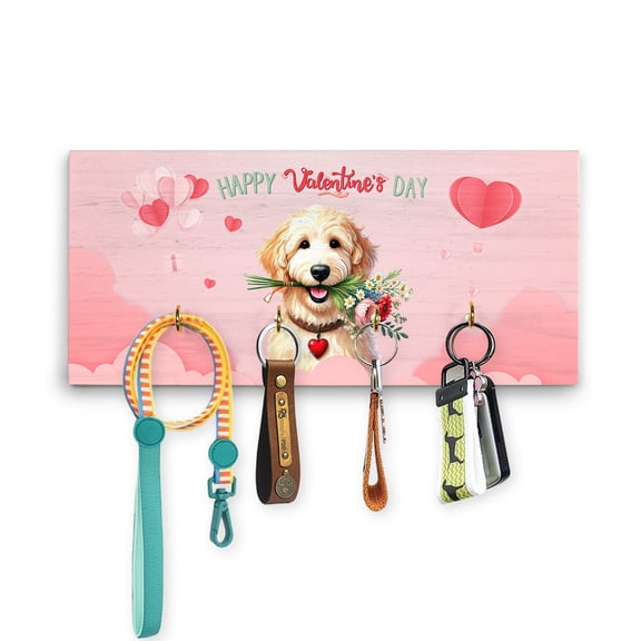 Happy Valentine's Day Goldendoodle holding flowers Wood Key Holder Doodle Dog Lover Gifts Idea Wall-mounted Key Rack Home Decor - 03005