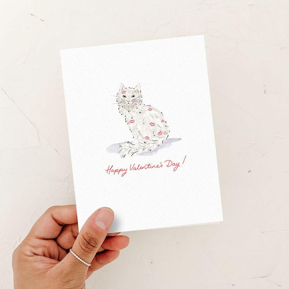 Happy Valentine's Day Greeting Card, White Cat with Pink Lipstick Kisses Illustration, Whimsical Cat Lover Valentine