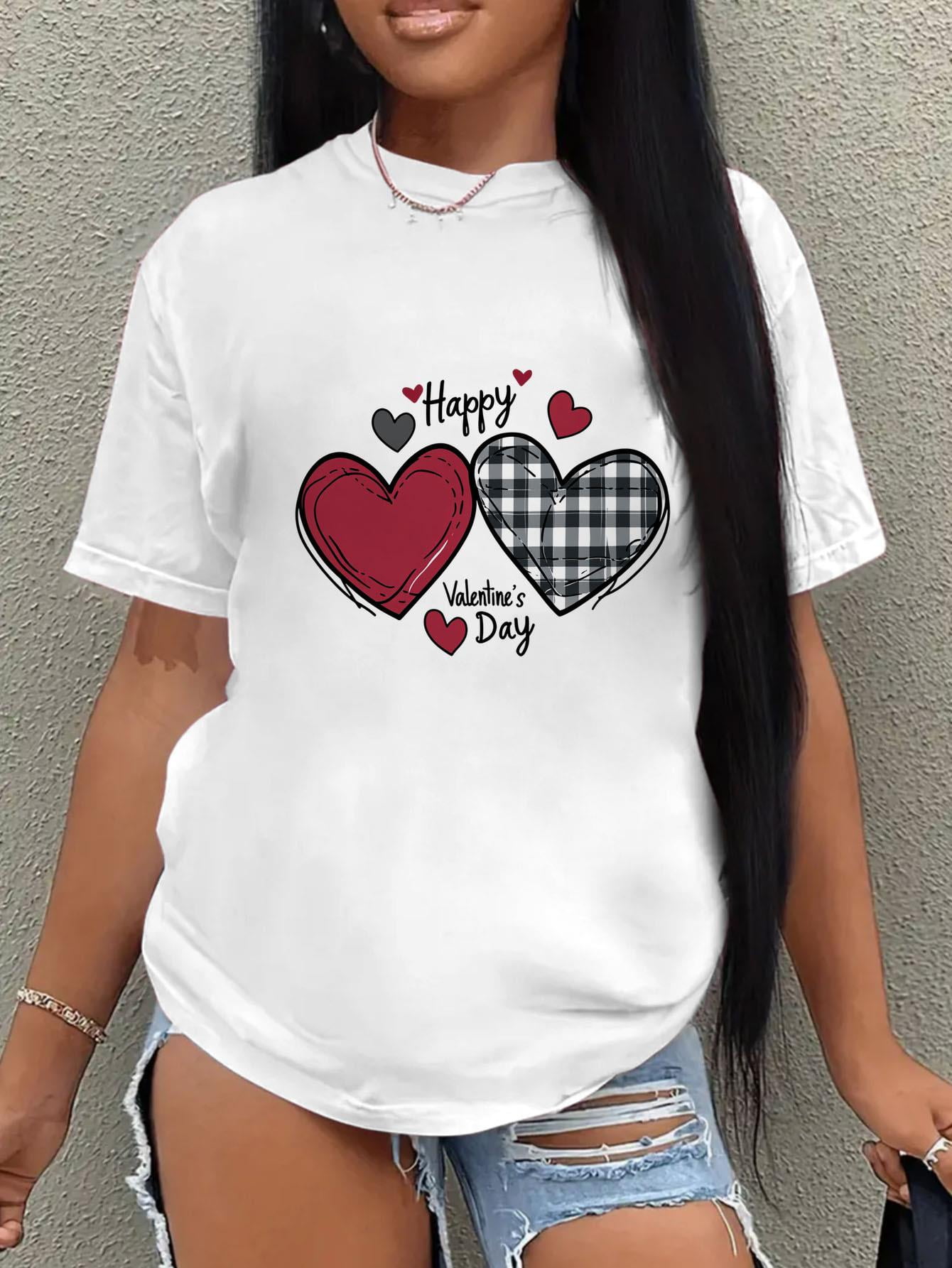 Happy Valentine's Day" Heart Print T-Shirt for Women - Casual, Easy ...