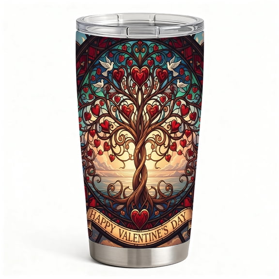 Happy Valentine’s Day Heart Tree Design Double-Wall Insulated Tumbler, Stainless Steel Hot Cold Travel Mug, Gift for Her