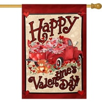 Happy Valentine''s Day House Flag 28 x 40 Inch Truck With Love Garden Flag Decorative Double Sided Burlap Flag for Valentine''s Day Decoration
