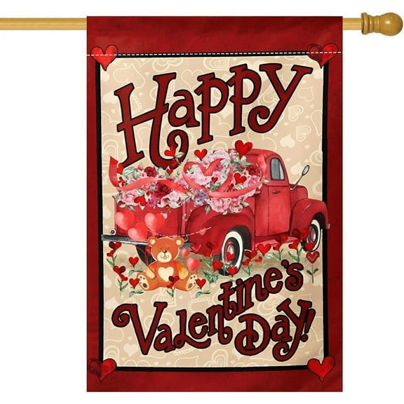 Happy Valentine''s Day House Flag 28 x 40 Inch Truck With Love Garden Flag Decorative Double Sided Burlap Flag for Valentine''s Day Decoration