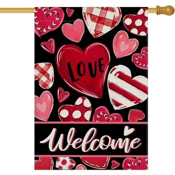 Happy Valentine''s Day House Flag 28 x 40 Inch Welcome Heart Decorative Double Sided Flag for Farmhouse Yard Outdoor Decoration