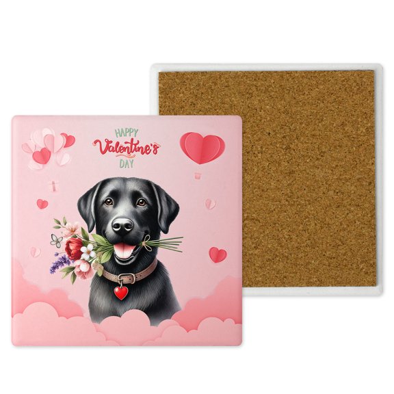 Happy Valentine's Day Labrador Retriever holding flowers Set of 4 Stone Coasters Lab Dog Lover Gifts 4x4in Absorbent Soapstone Coaster - 3005