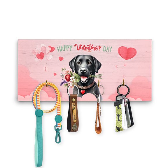Happy Valentine's Day Labrador Retriever holding flowers Wood Key Holder Lab Dog Lover Gifts Wall-mounted Key Rack Home Decor - 03005