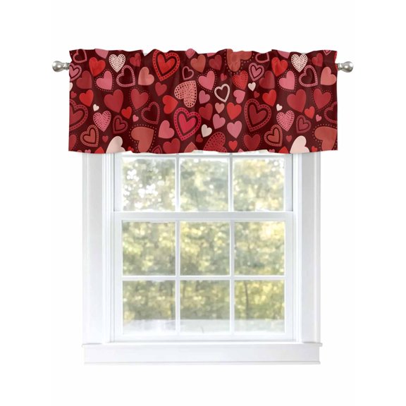 Happy Valentine's Day Love Curtain Valances for Windows, Red Heart Background Window Valances, Window Treatment Rod Pocket Valance Curtains for Living Room/Kitchen/Bedroom/Bathroom, 54x18inch