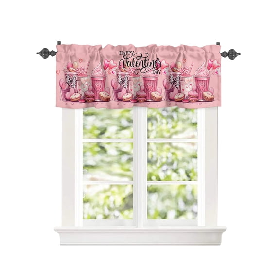 Happy Valentine's Day Love Heart Biscuit Window Valances for Kitchen,Rod Pocket Valance Privacy Small Curtain,Sweet Pink Dessert Window Treatment Drapes for Bedroom Laundry Room Farmhouse 42x12in
