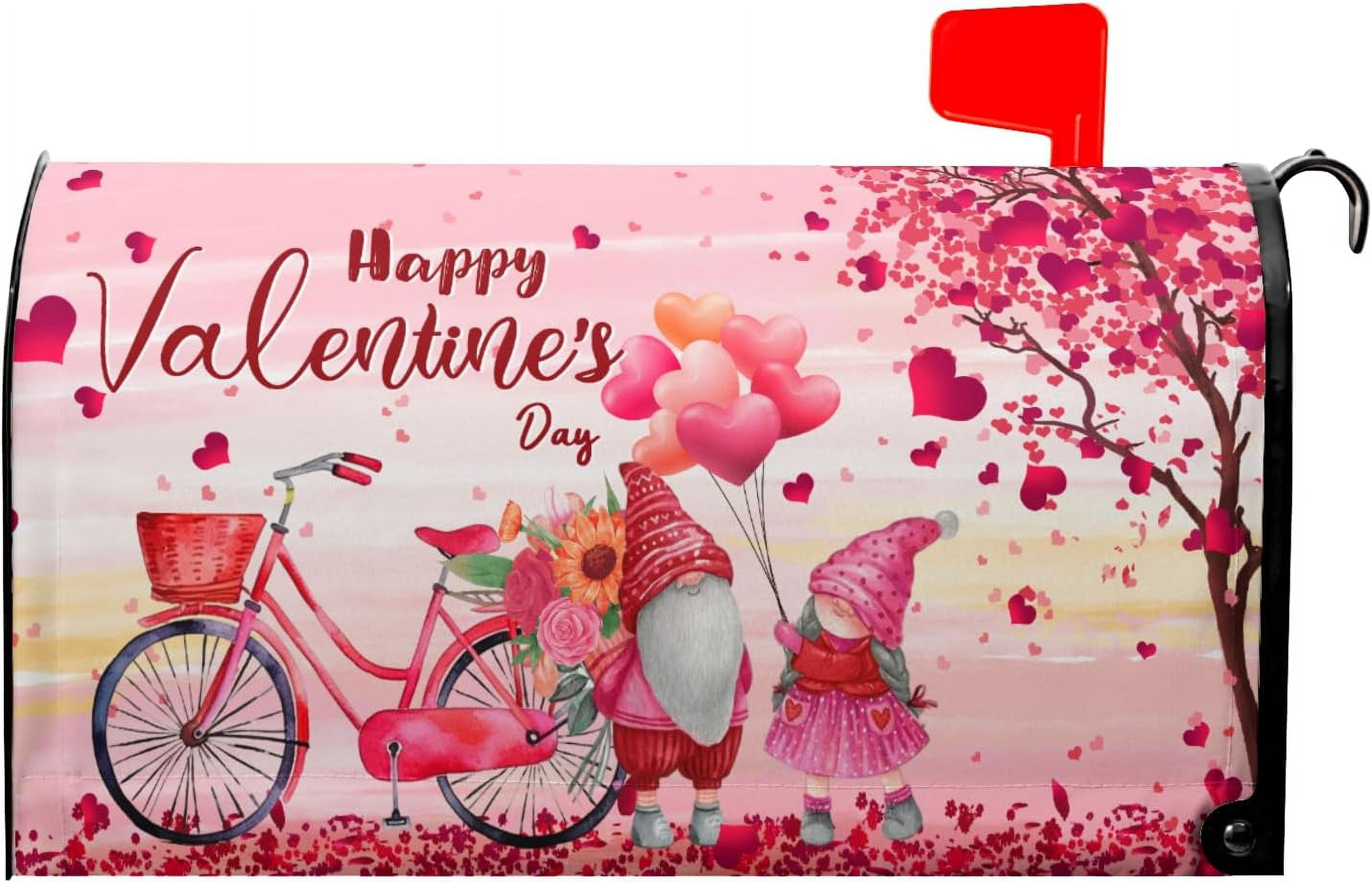 Happy Valentine's Day Love Mailbox Cover Magnetic Standard Size 25.5" X 21" Bicycle Red Heart Tree Mailbox Covers Ventine's Gnomes Decor Magnetic Mailbox Covers Post Letter Box Cover for Outdoor Decor