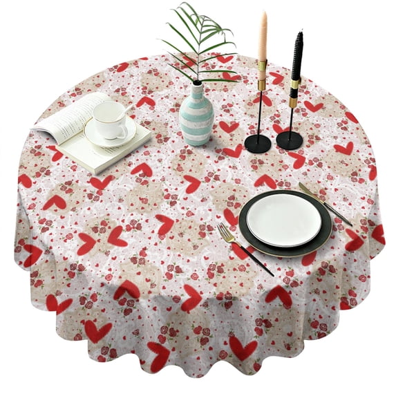 Happy Valentine’s Day Love Round Table Cloth,Wrinkle Resistant Table Cover with Polyester,Waterproof Reusable Tableclothes for Easter Birthday Picnic Wedding (Round,60x60inch)