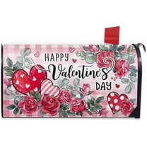 Happy Valentine''s Day Mailbox Cover Magnetic Standard Size 21"x19", Pink Red Rose Flower Love Decorative Post Letter Box Wrap Decor, Plaid Anniversary Wedding Farmhouse Garden Outdoor Decoration