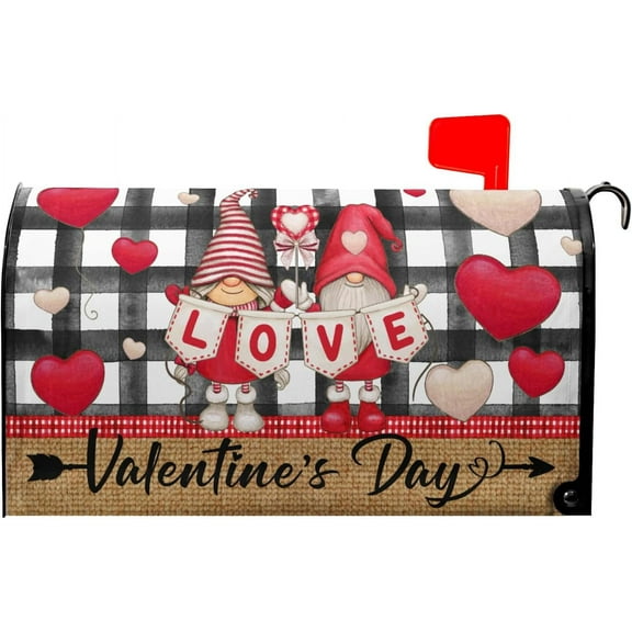 Happy Valentine''s Day Mailbox Cover Magnetic Standard Size 25.5" X 21" Love Heart Black White Plaid Mailbox Covers Ventine''s Gnomes Decor Magnetic Mailbox Covers Post Letter Box for Outdoor Decor