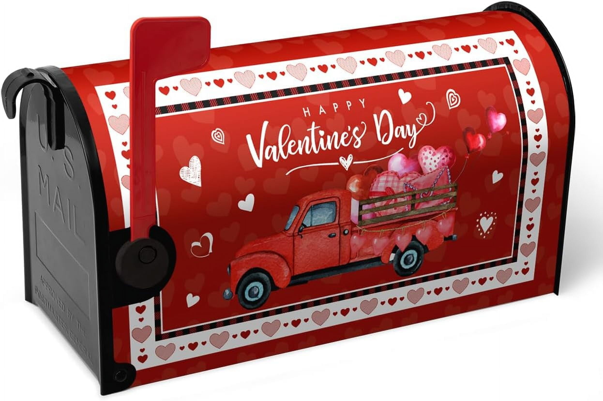 Happy Valentine''s Day Mailbox Cover Oversized Red Truck and Heart Mailbox Wrap with Magnetic Strip Love Holiday Mailbox Post Letter Box Cover Large Size 25.5 X 21 Inch for Outdoor Decor