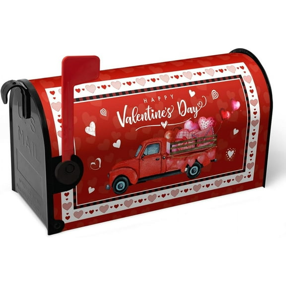 Happy Valentine''s Day Mailbox Cover Oversized Red Truck and Heart Mailbox Wrap with Magnetic Strip Love Holiday Mailbox Post Letter Box Cover Large Size 25.5 X 21 Inch for Outdoor Decor