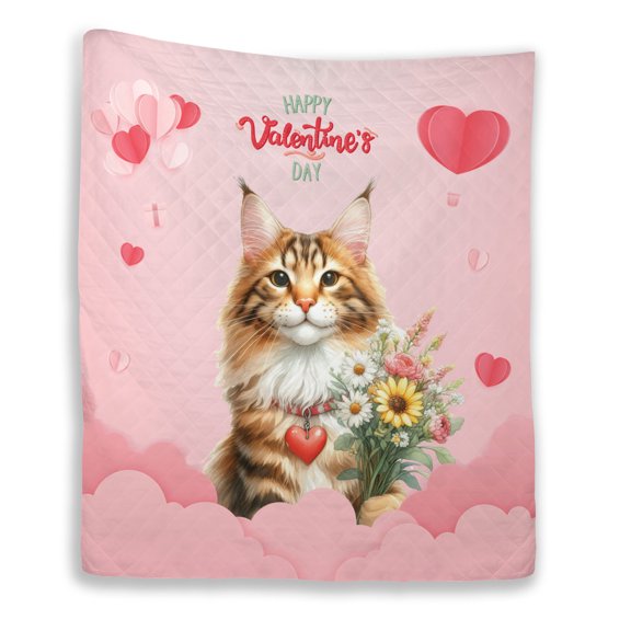 Happy Valentine's Day Maine Coon holding flowers Quilt Blanket Cat Lover Kitten Owner Gifts Cozy Comforter Throw Blanket - 3005