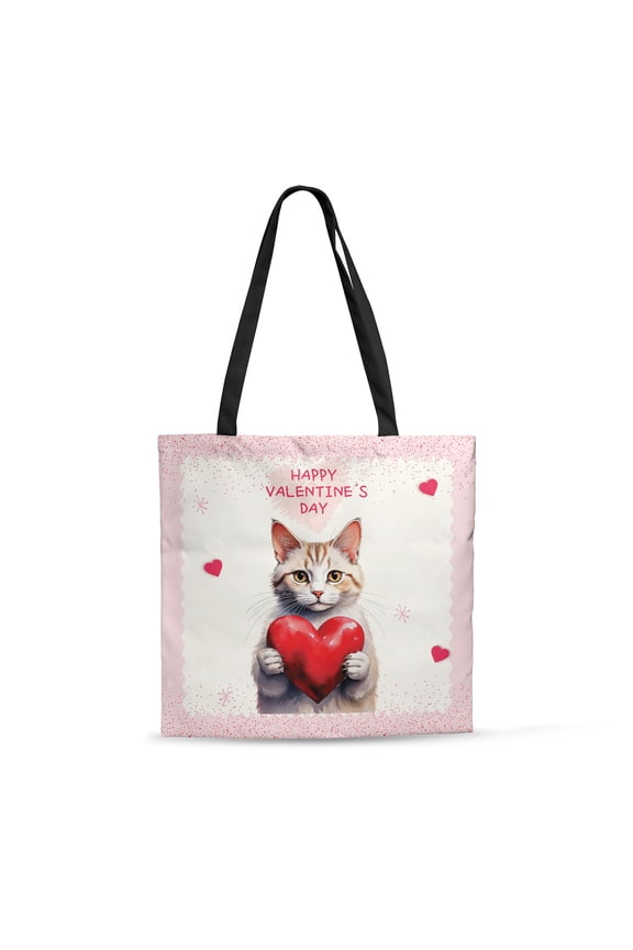 Happy Valentine's Day Manx Brings Love Heart All Over Print 3D Canvas Tote Bag Cat Lover Kitten Owner Gifts Reusable Handbag - 02028