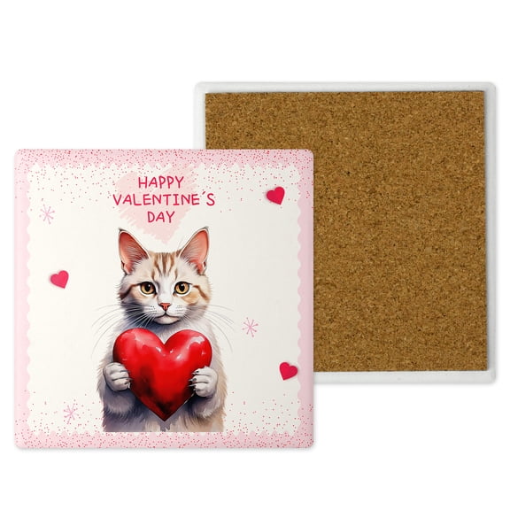 Happy Valentine's Day Manx Brings Love Heart Set of 4 Stone Coasters Cat Lover Kitten Owner Gifts 4x4in Absorbent Soapstone Coaster - 02028