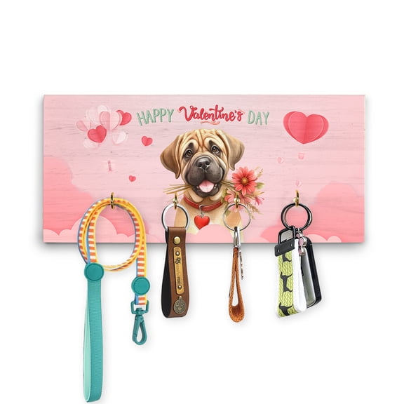 Happy Valentine's Day Mastiff holding flowers Wood Key Holder Mastiffs Dog Lover Gifts Idea Wall-mounted Key Rack Home Decor - 03005