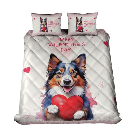 Happy Valentine's Day Miniature American Shepherd Brings Love Heart Quilt Bedding Set MAS Dog Lover Gifts 1 Blanket Bed Cover 2 Pillowcases - 02028