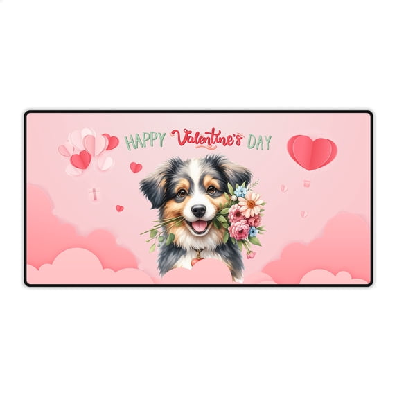 Happy Valentine's Day Miniature American Shepherd holding flowers Desk Mat Full Keyboard Mouse Pad MAS Dog Lover Gifts Large Mousepad - 3005