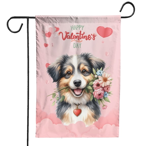 Happy Valentine's Day Miniature American Shepherd holding flowers Garden Flag 12x18in Double Sided MAS Dog Lover Gifts Outdoor Decor - 3005