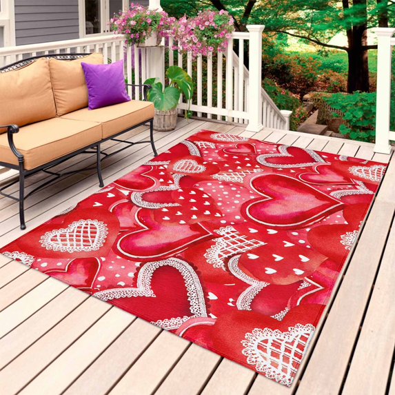 Happy Valentine's Day Outdoor Rug 3x5 Ft, Non Slip Washable Area Rug, Red Dots Love Heart Romantic Patio Rugs Carpet Runner, Large Floor Mat for Indoor/Outdoor Deck Porch Camping