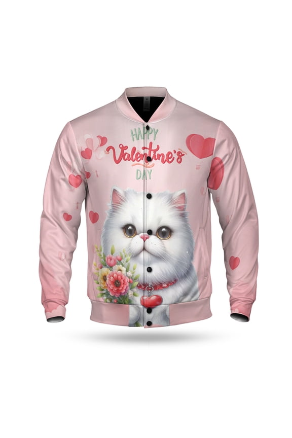 Happy Valentine's Day Persian holding flowers All Over Print 3D Baseball Jacket Cat Lover Kitten Owner Gifts Bomber Jacket Softball - 3005
