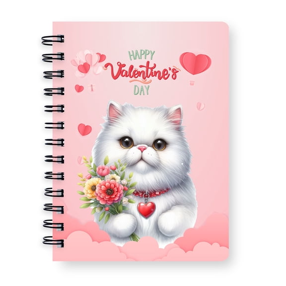 Happy Valentine's Day Persian holding flowers Spiral Bound Journal Cat Lover Kitten Owner Gifts 5x7in Spiral Notebook - 3005
