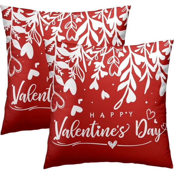 Happy Valentine''s Day Pillow Covers 20x20 Inch, Set of 2 White Red Love Hearts Leaves Decorative Throw Pillowcases Square Cushion Cover for Couch Sofa Home Indoor Outdoor Decor