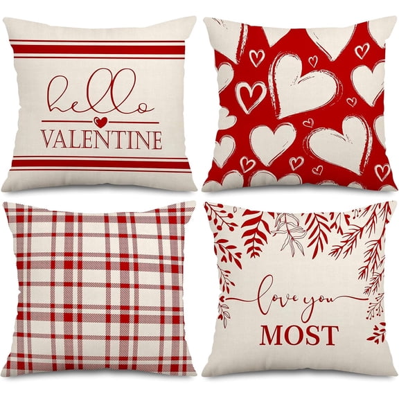 Happy Valentine''s Day Pillow Covers Heart Buffalo Plaid Throw Cushion Cover Red White Love You Most Pillow Case for Farmhouse Home Office Sofa Bed Party Decoration, 18 x 18inch, Set of 4