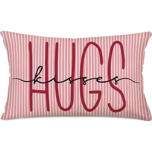 Happy Valentine’s Day Pink Stripes Throw Pillow Cases Hugs es Love Saying Pillow Covers 12x20 Inch Holiday Wedding Anniversary Home Decor Cushion Cover for Sofa Couch