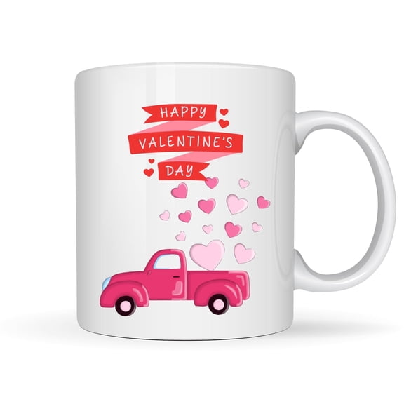 Happy Valentine’s Day Pink Truck Hearts Ceramic Mug, 11 oz